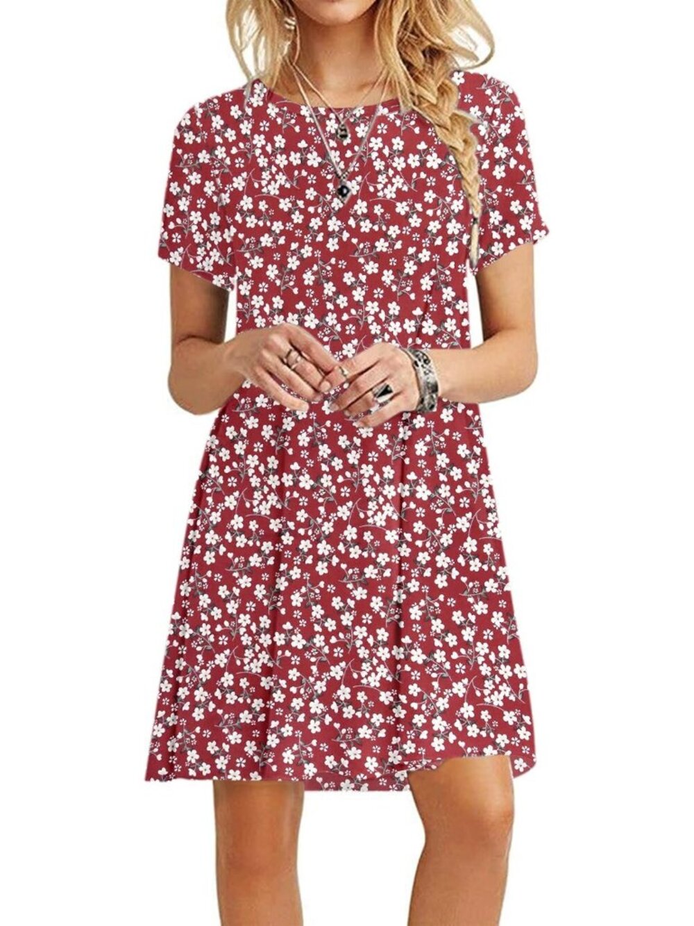 Women's Red Flower Crew Neck Classic Short Sleeve Soft Pull On Pockets T Shirts - Picture 1 of 2